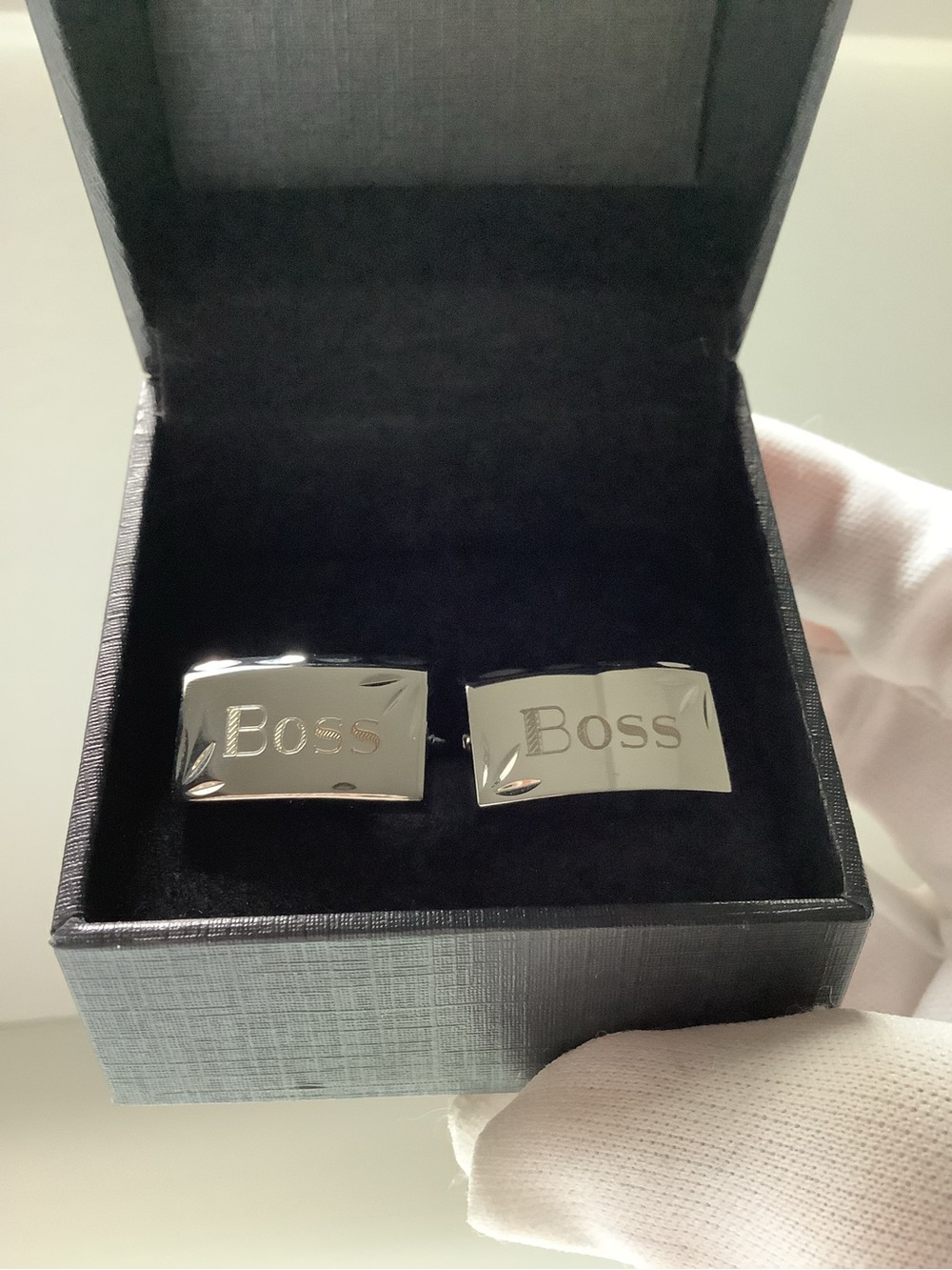 Boss Silver Rectangular Engraved Cufflinks